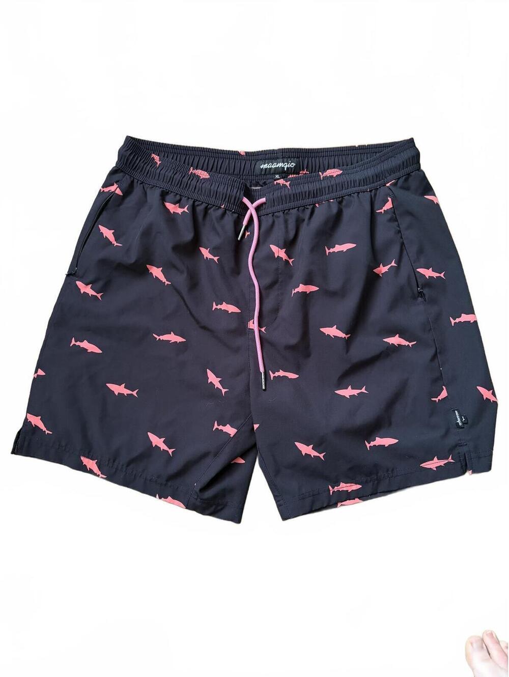 maamgic Black Swim Shorts with Pink Shark Print, Size XL